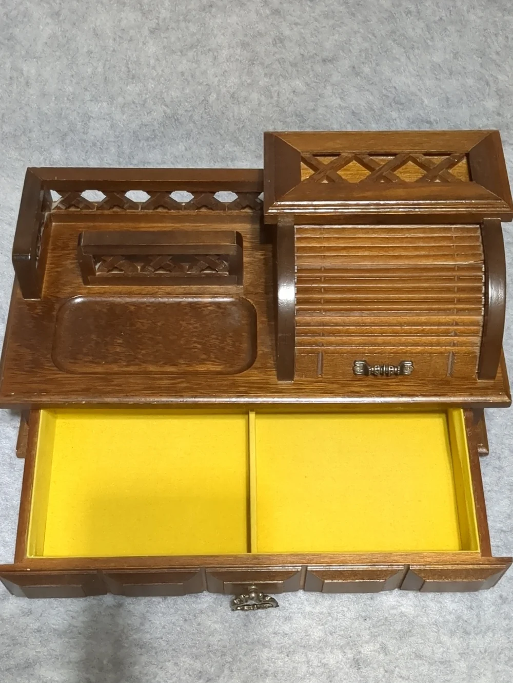 Vintage Wooden Jewelry Box Desk Organizer Roll-Top Velvet Storage Drawer